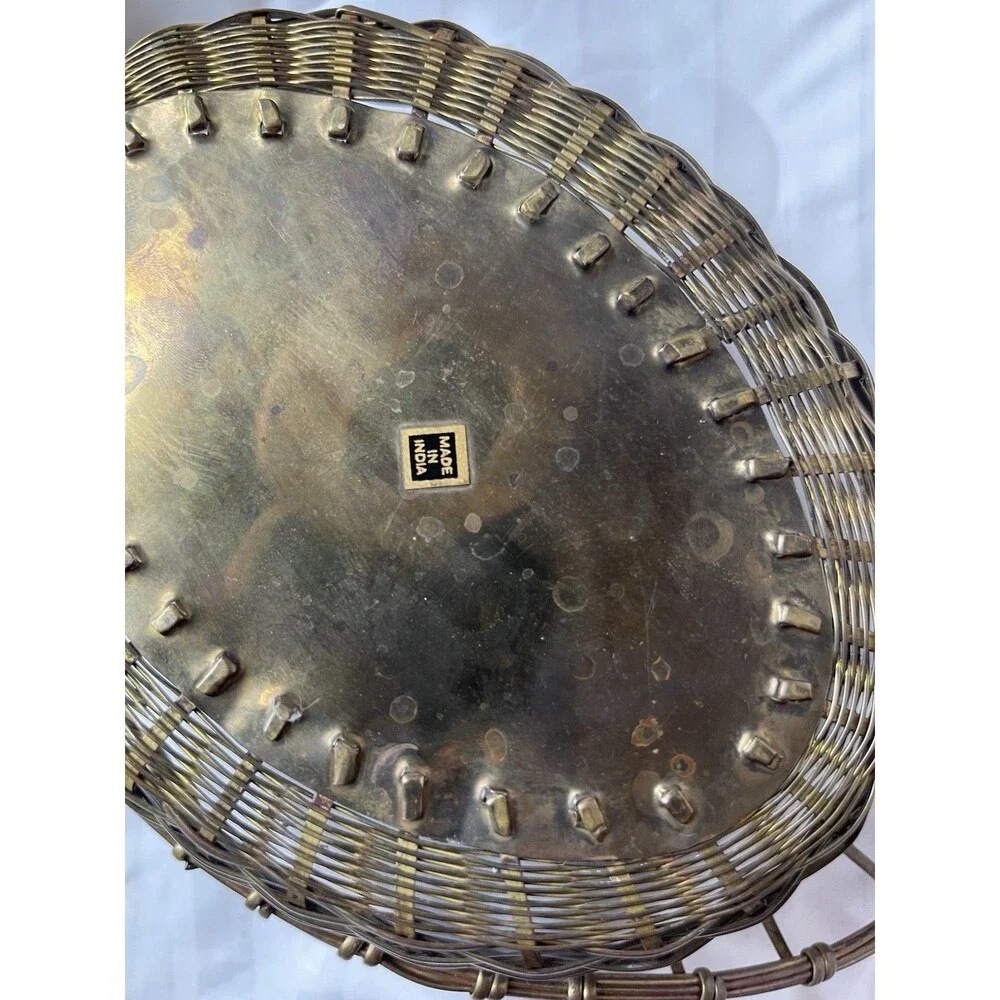 Oval Brass Metal Wire Woven Basket w/ Handle, Made in India, 11in long